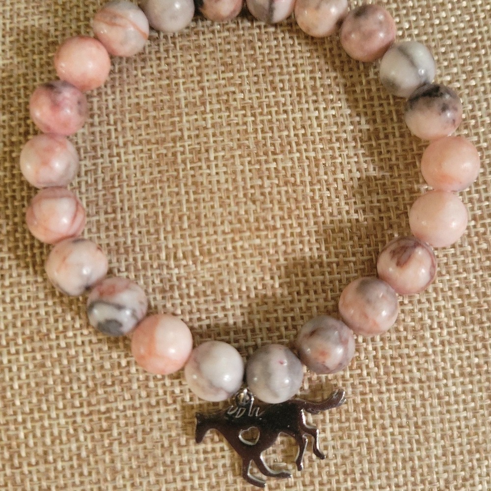 Pink Zebra Jasper Beaded Horse Charm Stretch Bracelet 6.5 Inch Cottagecore